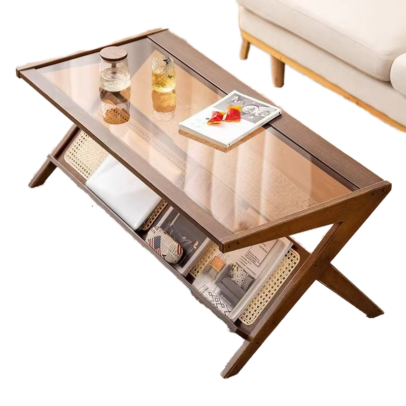 Small Modern Japanese Tea Table for Living Room Brown Solid Wood with Toughened Glass and Bamboo Rattan Accents