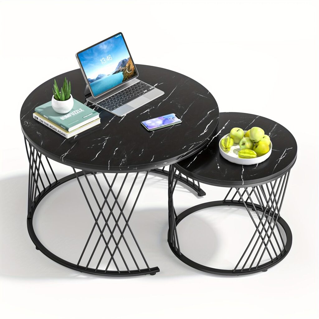 Black Round Coffee Table Set (2-Piece) Marble-Look Center Table with Nesting Coffee Tables Living Room & Patio Leisure Set Z-15