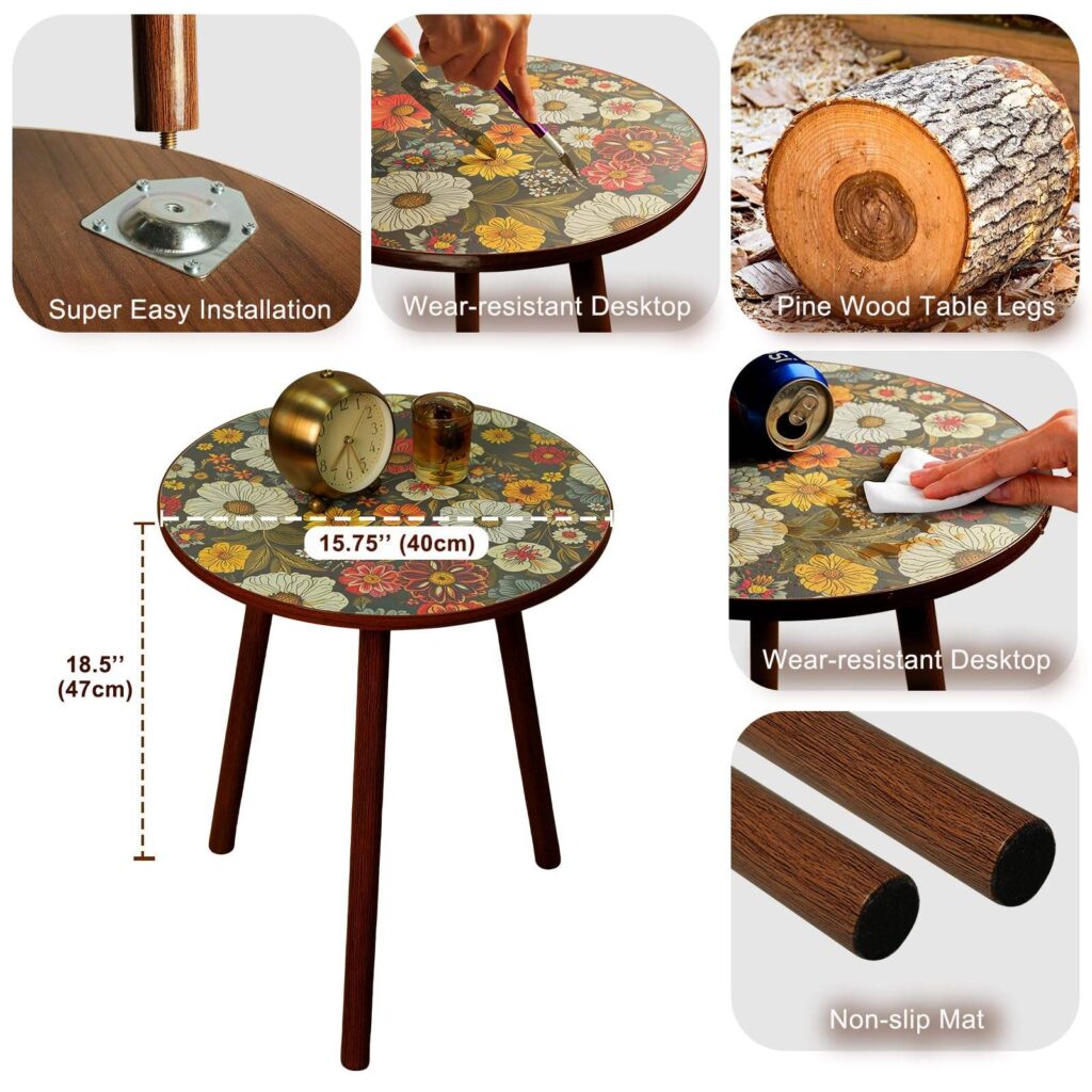 Round Vintage American-Style Coffee Table Side Table Solid Wood Floral Accent Table Compact Design NonSlip Easy InstallationZ-06