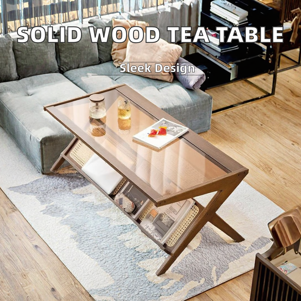 Small Modern Japanese Tea Table for Living Room Brown Solid Wood with Toughened Glass and Bamboo Rattan Accents 2
