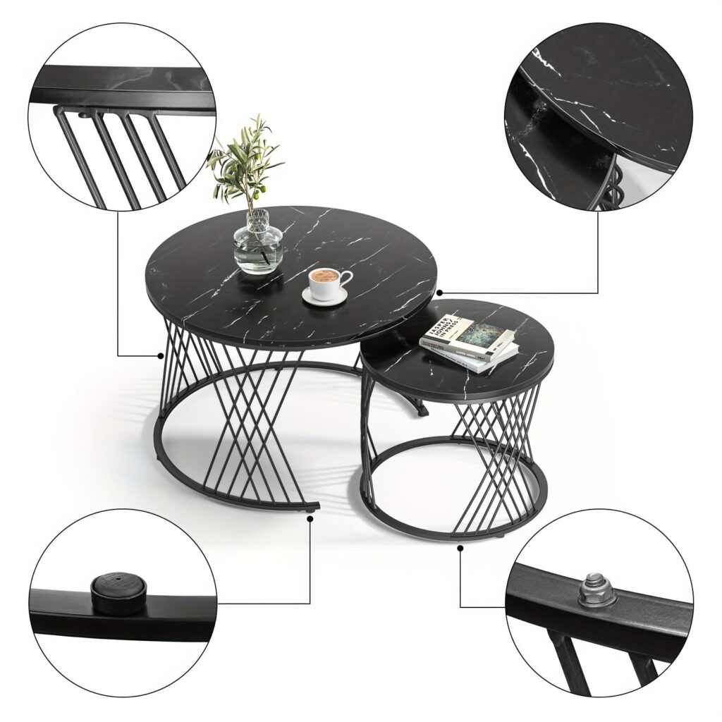 Black Round Coffee Table Set (2-Piece) Marble-Look Center Table with Nesting Coffee Tables Living Room & Patio Leisure Set Z-15 2