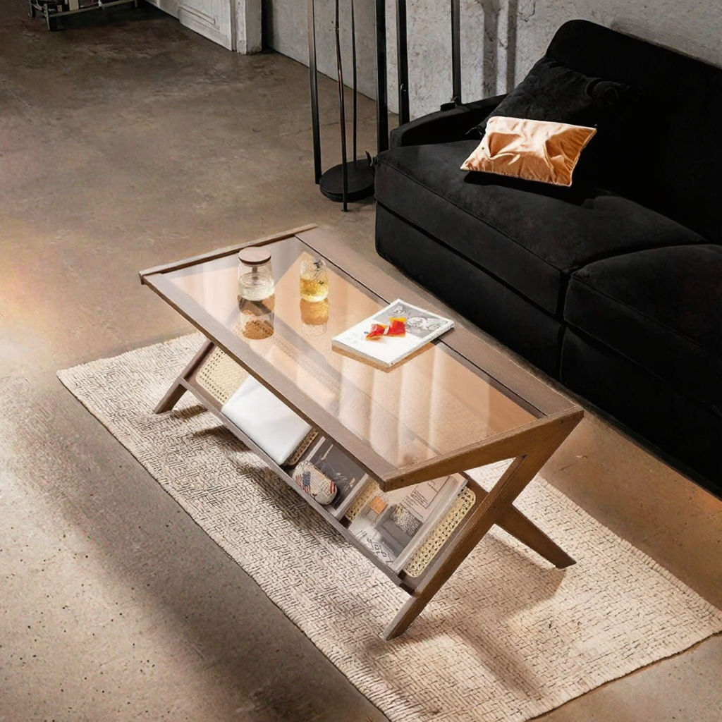 Small Modern Japanese Tea Table for Living Room Brown Solid Wood with Toughened Glass and Bamboo Rattan Accents 3