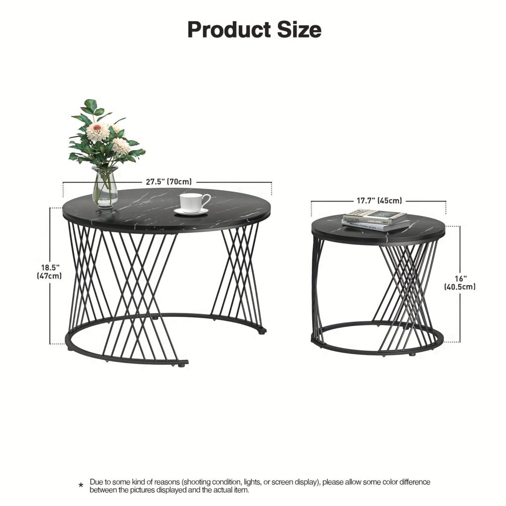 Black Round Coffee Table Set (2-Piece) Marble-Look Center Table with Nesting Coffee Tables Living Room & Patio Leisure Set Z-15 3