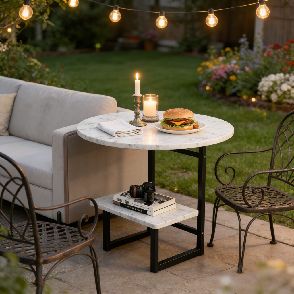 Marble Finish Outdoor Side Table Patio Coffee Table Garden Balcony Poolside Bedroom Coffee Table Integrated Table Stool Set Z-06 3