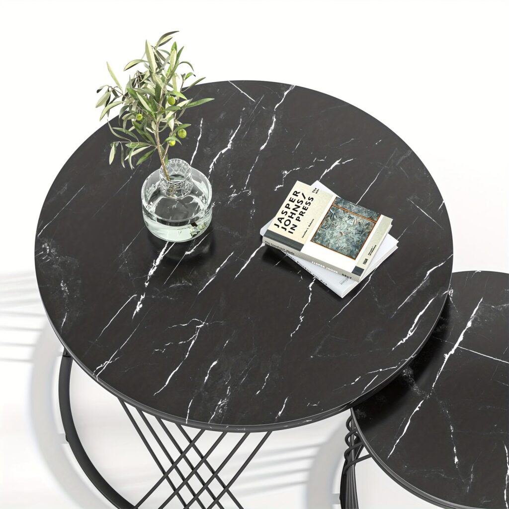Black Round Coffee Table Set (2-Piece) Marble-Look Center Table with Nesting Coffee Tables Living Room & Patio Leisure Set Z-15 4