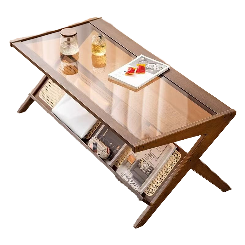 Small Modern Japanese Tea Table for Living Room Brown Solid Wood with Toughened Glass and Bamboo Rattan Accents 4
