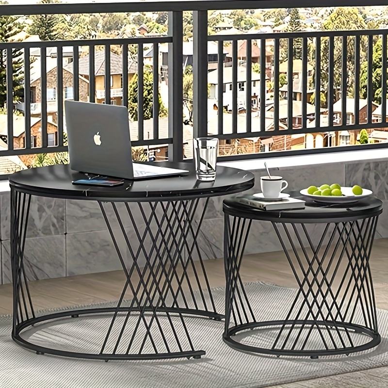 Black Round Coffee Table Set (2-Piece) Marble-Look Center Table with Nesting Coffee Tables Living Room & Patio Leisure Set Z-15 6